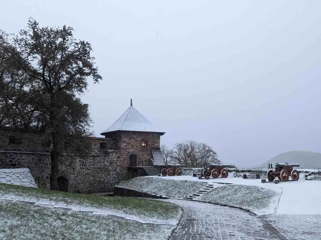 Akershus Fortress cannons and tower, overlooking Oslofjord