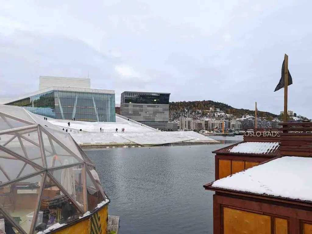Oslo Kok Sauna overlooking the Opera House in snow
