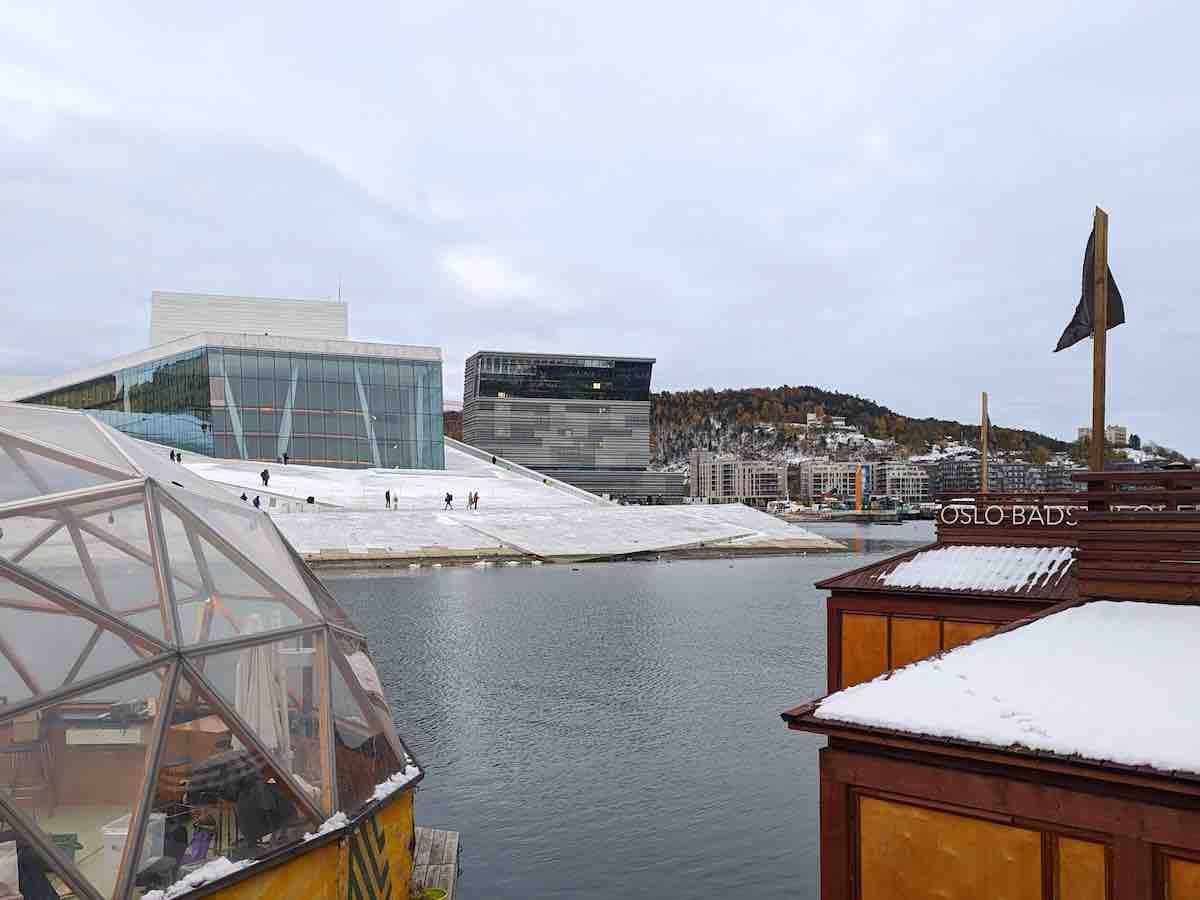 Oslo Kok Sauna overlooking the Opera House in snow